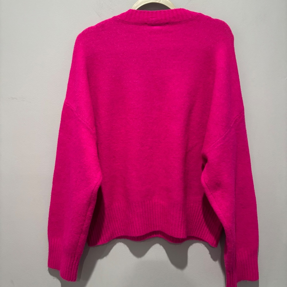 Zara Oversized Knit Sweater Fuchsia Pink Crew Neck Wool Blend Pullover Womens L - Picture 6 of 6